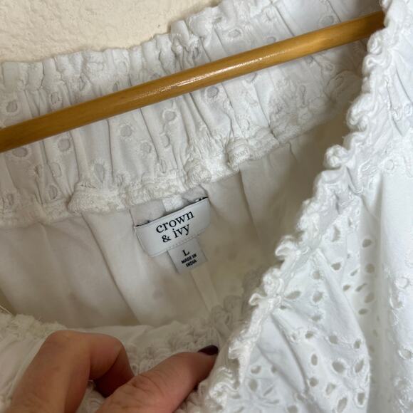 Crown & Ivy White Eyelet Cotton Off Shoulder Blouse Large - Picture 4 of 9